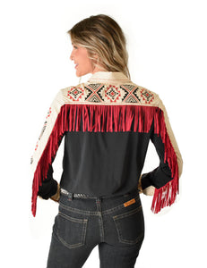 Black And Cream Lightweight Breathe Pullover Button-Up With Print And Fringe
