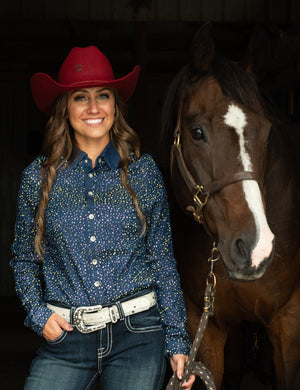 Cowgirl Tuff Dark UltraBreathe Denim With Allover Crystal Embellishing Pullover Button-Up