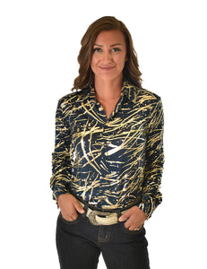 Deep Blue And Gold Metallic Mid-Weight Pullover Button-Up