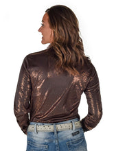 Brown Foil Crackle Print Lightweight Stretch Jersey Pullover Button-Up
