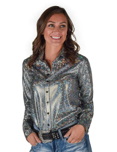 Cowgirl Tuff Silver Foil Houndstooth Lightweight Stretch Jersey Pullover Button-Up