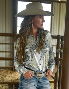 Cowgirl Tuff Mint Foil Lightweight Animal Print Stretch Jersey Pullover Button-Up