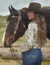 Cream with Brown-Blue Animal Print Lightweight Stretch Jersey Pullover Button-Up