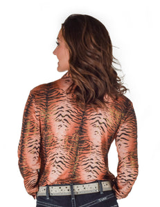 Rust Tiger Print Lightweight Stretch Jersey Pullover Button-Up