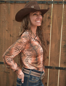 Rust Tiger Print Lightweight Stretch Jersey Pullover Button-Up