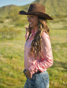 Cowgirl Tuff Peach With Foil Swirls Lightweight Stretch Jersey Pullover Button-Up