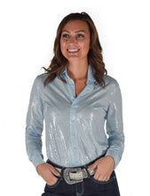 Sky Blue With Foil Swirls Lightweight Stretch Jersey Pullover Button-Up