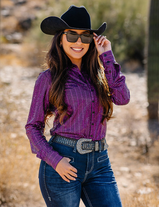 Cowgirl Tuff Hot Pink Metallic Foil Lightweight Stretch Pullover Button-Up