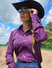 Hot Pink Metallic Foil Lightweight Stretch Pullover Button-Up