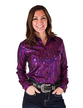 Hot Pink Metallic Foil Lightweight Stretch Pullover Button-Up