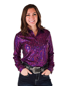 Hot Pink Metallic Foil Lightweight Stretch Pullover Button-Up