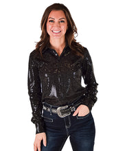 Black Metallic Foil Lightweight Stretch Pullover Button-Up