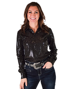 Black Metallic Foil Lightweight Stretch Pullover Button-Up