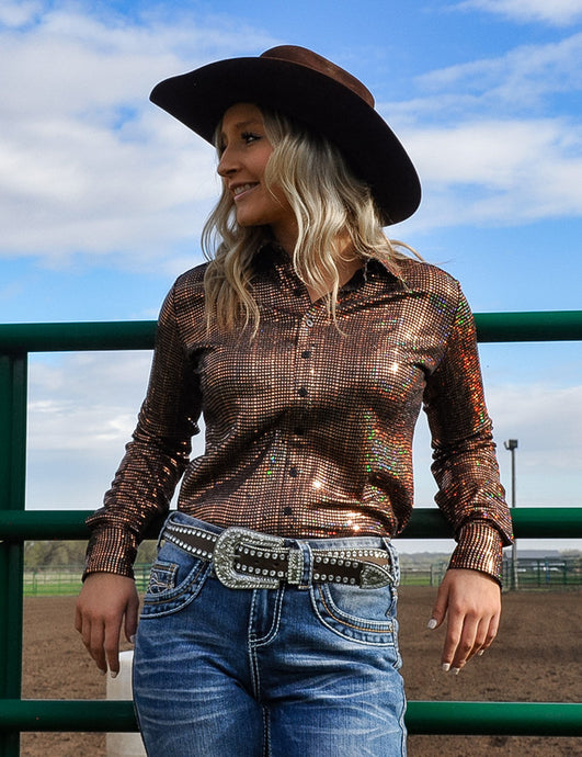 Rose Gold Metallic Foil Lightweight Stretch Pullover Button-Up