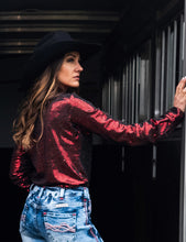 Red Metallic Foil Lightweight Stretch Pullover Button-Up