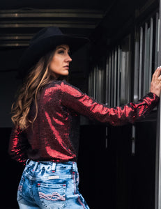 Red Metallic Foil Lightweight Stretch Pullover Button-Up
