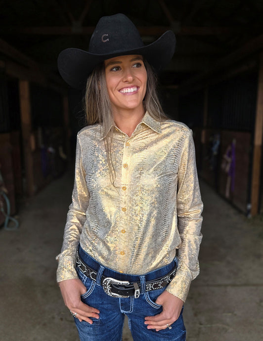 Cowgirl Tuff Gold Holographic Foil Lightweight Stretch Jersey Pullover Button-Up