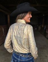 Gold Holographic Foil Lightweight Stretch Jersey Pullover Button-Up