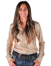 Gold Holographic Foil Lightweight Stretch Jersey Pullover Button-Up