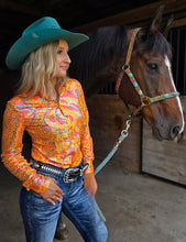 Bright Orange with Iridescent Colorful Print Lightweight and High Stretch Pullover Button-Up