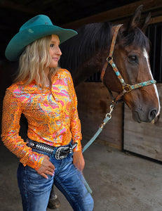 Bright Orange with Iridescent Colorful Print Lightweight and High Stretch Pullover Button-Up