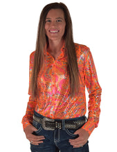 Bright Orange with Iridescent Colorful Print Lightweight and High Stretch Pullover Button-Up
