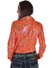 Bright Orange with Iridescent Colorful Print Lightweight and High Stretch Pullover Button-Up