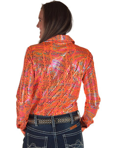 Bright Orange with Iridescent Colorful Print Lightweight and High Stretch Pullover Button-Up