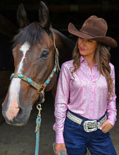 Soft Pink Iridescent Chrome Print Lightweight, High Stretch Pullover Button-Up