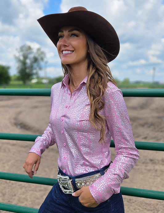 Cowgirl Tuff Soft Pink Iridescent Chrome Print Lightweight, High Stretch Pullover Button-Up