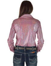 Soft Pink Iridescent Chrome Print Lightweight, High Stretch Pullover Button-Up