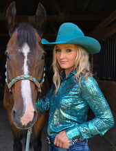 Bright Turquoise Foil over Dark Turquoise Shimmer Lightweight, Medium Stretch Pullover Button-Up