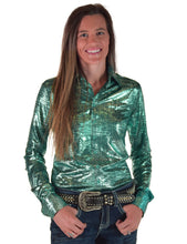 Bright Turquoise Foil over Dark Turquoise Shimmer Lightweight, Medium Stretch Pullover Button-Up