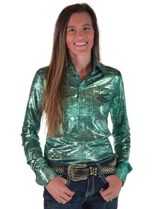Bright Turquoise Foil over Dark Turquoise Shimmer Lightweight, Medium Stretch Pullover Button-Up