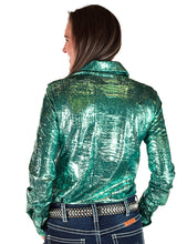 Bright Turquoise Foil over Dark Turquoise Shimmer Lightweight, Medium Stretch Pullover Button-Up
