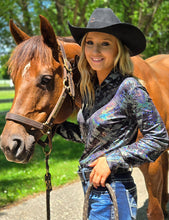 Iridescent Chrome Swishes Over Black Lightweight Jersey Pullover Button-Up