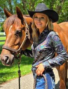 Iridescent Chrome Swishes Over Black Lightweight Jersey Pullover Button-Up