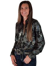 Iridescent Chrome Swishes Over Black Lightweight Jersey Pullover Button-Up