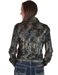 Iridescent Chrome Swishes Over Black Lightweight Jersey Pullover Button-Up
