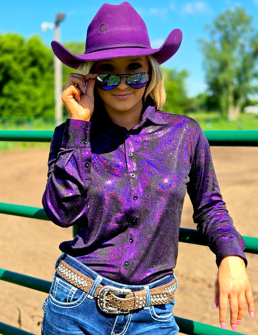 Cowgirl Tuff Dark Purple Iridescent Swishes Over Black Pullover Button-Up