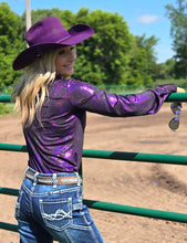 Dark Purple Iridescent Swishes Over Black Pullover Button-Up
