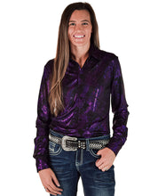 Dark Purple Iridescent Swishes Over Black Pullover Button-Up