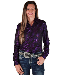 Dark Purple Iridescent Swishes Over Black Pullover Button-Up