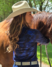 Blue Iridescent Swishes Over Black Lightweight Jersey High Stretch Pullover Button-Up