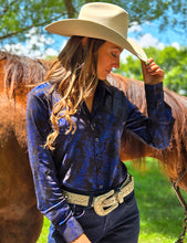Cowgirl Tuff Blue Iridescent Swishes Over Black Lightweight Jersey High Stretch Pullover Button-Up