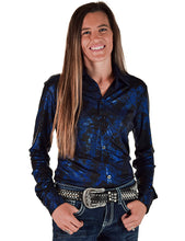 Blue Iridescent Swishes Over Black Lightweight Jersey High Stretch Pullover Button-Up