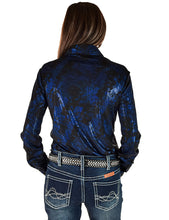 Blue Iridescent Swishes Over Black Lightweight Jersey High Stretch Pullover Button-Up