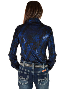 Blue Iridescent Swishes Over Black Lightweight Jersey High Stretch Pullover Button-Up