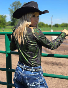 Green Iridescent Swishes Over Black Lightweight Jersey High Stretch Pullover Button-Up