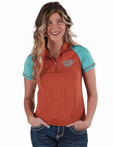 Breathe Instant Cooling UPF Quarter Zip Short Sleeve Tee - Rust w/ Turquoise Sleeves